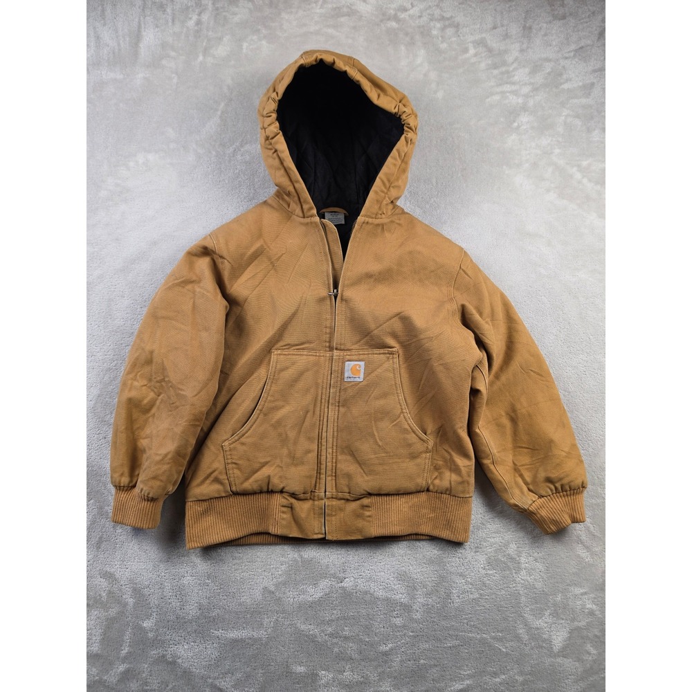 Carhartt Active Jacket Kids Size M 10-12 Brown Canvas Quilted Lined Hooded Work
